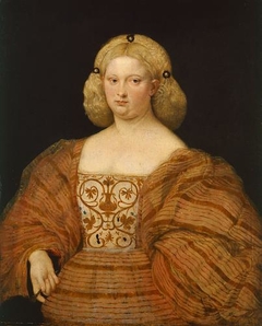 Bildnis einer Frau in gestreiftem Kleid mit Fächer
