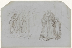 Boer, boerin en meisje met een oude vrouw by Jozef Israëls