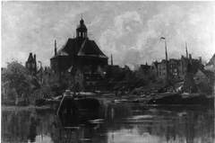 De Oosterkerk en scheepswerf 'Het Wapen van Amsterdam' gezien over de Kattenburgervaart vanuit het westen by Hendrik Willebrord Jansen