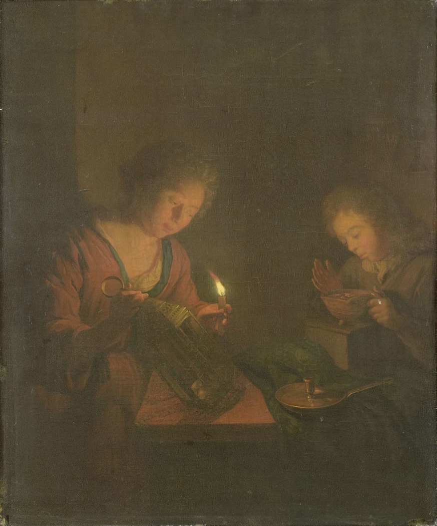 Fire and Light (A Girl Places a Candle in a Lantern and a Boy Blows on the Coals in a Chafing-Dish)