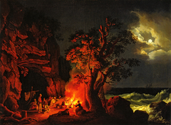 Fisher Family at Nighttime Campfire with Turbulent Sea by Jacob Philipp Hackert