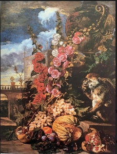 Flowers and fruit with a monkey in a landscape