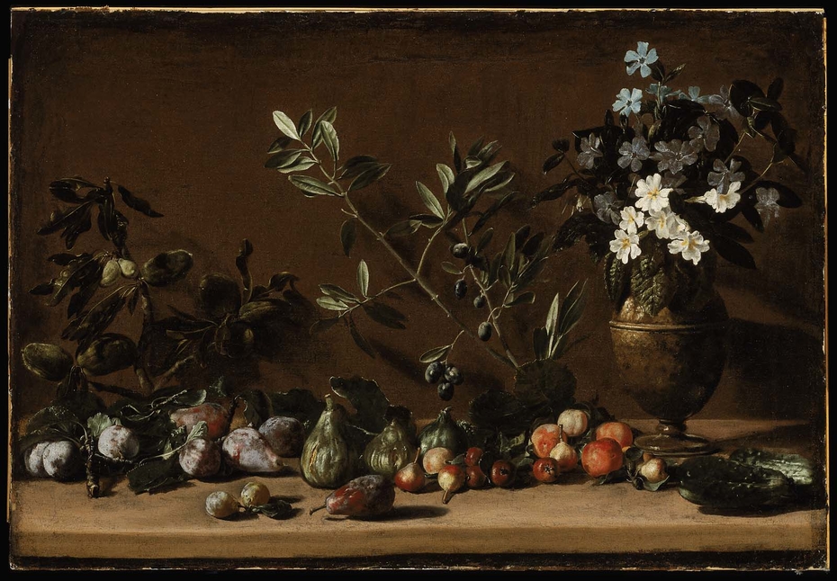Fruit and Vase of Flowers on a Ledge