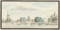 Gezicht op Dordrecht met de Rietdijkspoort en windmolens by Aert Schouman