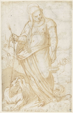 Heilige Margaretha met de draak in een landschap by Giovanni Cambiaso