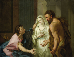 Herkules entreißt Alkestis dem Totengott Thanatos und führt sie dem Admetus zu by Johann Heinrich Tischbein