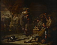 Interieur met drinkende soldaten bij kaartspel