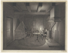 Interieur met lezende man bij kaarslicht by Philippus Anthonius Alexander Kanne