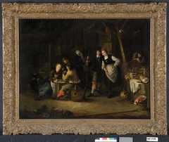 Interior of a inn with hunters and other figures by Gerrit Lundens