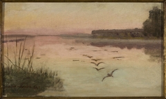 Lake at dusk by Józef Chełmoński