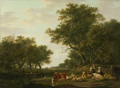 Landscape with Peasants with their Cattle and Anglers on the Water by Jacob van Strij