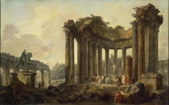 Landscape with the Ruins of the Round Temple, with a Statue of Venus and a Monument to Marcus Aurelius by Hubert Robert