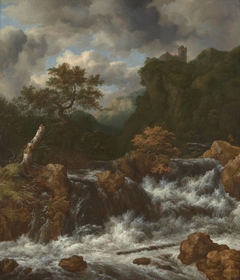 Landscape with waterfall and castle on a mountaintop