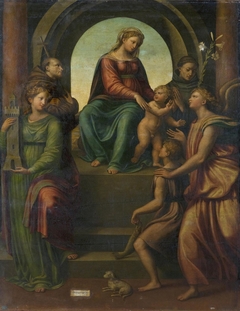 Madonna and Child, with Sts Barbara, Francis, Dominic, Archangel Raphael and Tobias