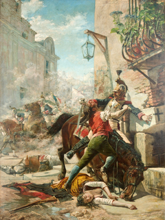 Malasaña y su hija se baten contra los franceses en una de las calles que bajan del parque a la de San Bernardo. Dos de mayo de 1808 by Eugenio Álvarez Dumont
