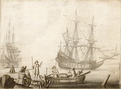 Men in a Boat Near Two Dutch Ships by Experiens Sillemans