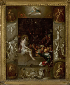 Mocking of Christ surrounded by images of the Evangelists and scenes from the Passion of Christ
