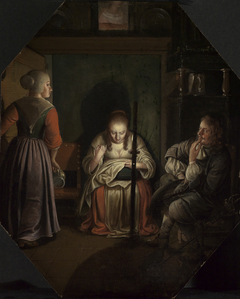 Nähende Frau, Kavalier und Magd bei Kerzenlicht by Wolfgang Heimbach
