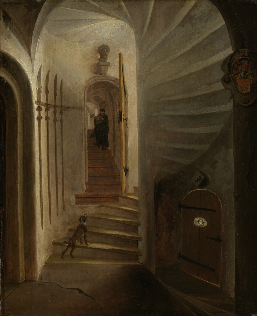 Portal of a stairway tower, with a man descending the stairs: presumably the moment before the assassination of William the Silent in the Ptinsenhof, Delft