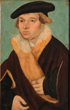Portrait of a clean-shaven young man in a cloak trimmed with light fur