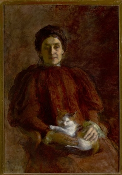 Portrait of a woman with a cat by Aniela Pająkówna