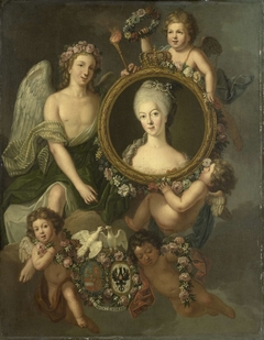 Portrait of Wilhelmina of Prussia in a medallion with allusions to her marriage to Prince William V on 4 October 1767 in Berlin (Frederika Sophia Wilhelmina)