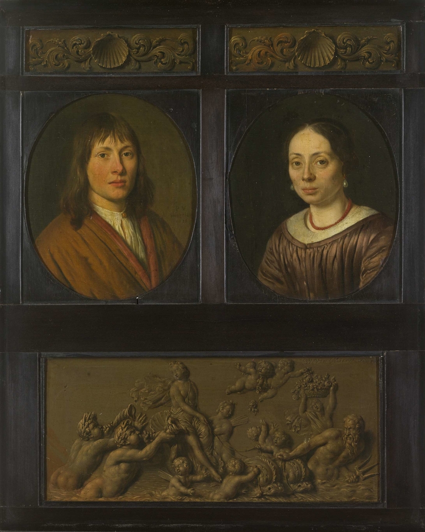 Portraits of a Man and a Woman framed with two ornamental frieze miniatures with shell motif and a Triumph of Amphitrite