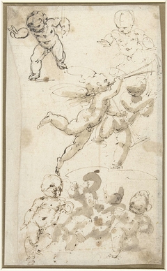 Putti en een zwevende engel by Guglielmo Caccia