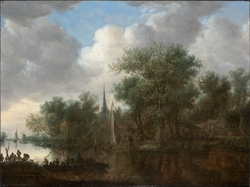 River landscape with boats and cottages on the bank