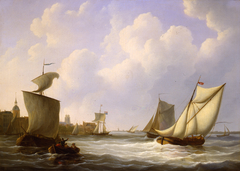 Riviergezicht met schepen voor Dordrecht, rechts op voorgrond het beurtschip op Rotterdam by Martinus Schouman