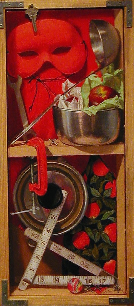 "Scarlet & Stainless Steel" by Lydia Martin© (24"x8") oil on linen and wood