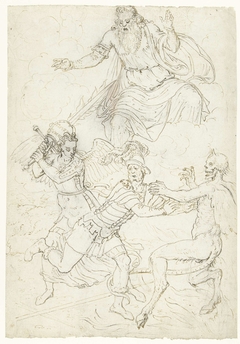Soldaat tussen H. Michaël en de duivel by Dirck Pietersz. Crabeth