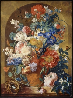 Still life of flowers in a terracotta vase, before a niche by Jan van Huysum