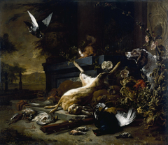 Still Life of Game including a Hare, Black Grouse and Partridge, a Spaniel looking on with a Pigeon in Flight by Jan Weenix