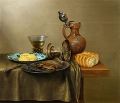 Still life of smoked herring, bread, berkemeyer, tazza, and stoneware jug, 1646