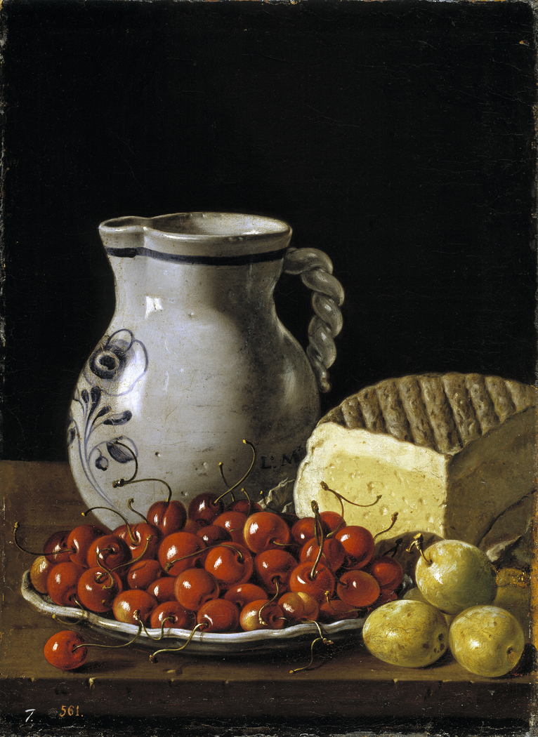 Still Life with a Plate of Cherries Plums a Pitcher and Cheese
