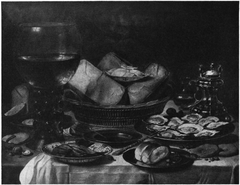 Still life with a roemer, basket of cheese and oysters