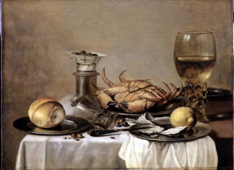 Still life with crab, rummer, salt cellar and porcelain bowl