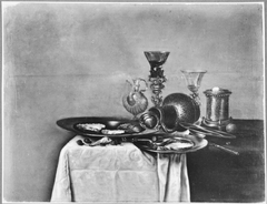 Still life with goblet holder, stoneware jug and oysters by Willem Claesz Heda