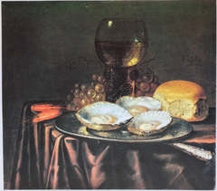 Still life with roemer, oysters, bread and shrimp