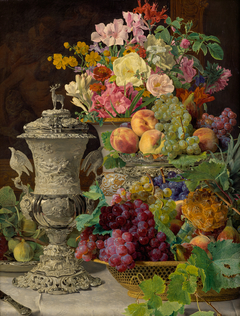 Stillleben mit Früchten, Blumen und silbernem Pokal by Ferdinand Georg Waldmüller