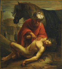 The Good Samaritan tending the wounds of the traveller