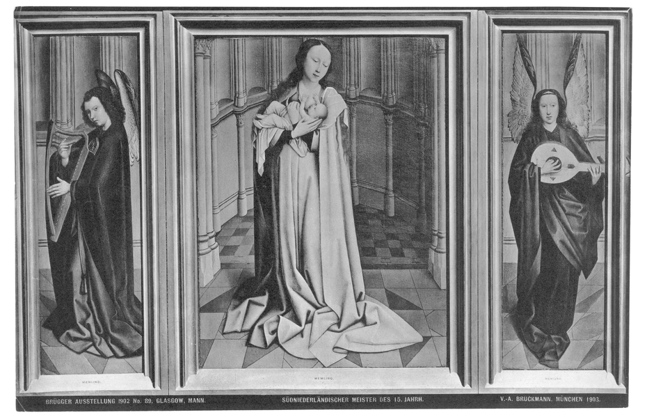 Triptych of Madonna lactans between an angel playing the harp and an angel playing the lute