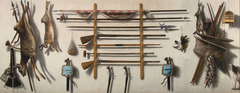 Trompe-l'oeil of an arms rack with a leading staff, a partizan, a matchlock musket, a longbow, a fowling piece with pistols, game bags, dead game and other instruments of the chase hanging on a wall