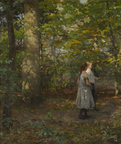 Two children and a crow playing in the forest by Willem Bastiaan Tholen
