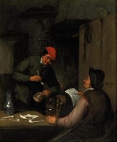 Two peasants smoking, drinking and reading in an interior by Adriaen van Ostade