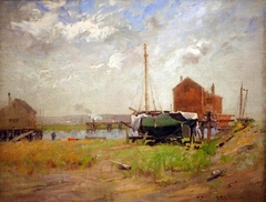 Untitled [ Wharf scene with drydocked sailboat] by Charles Edwin Lewis Green