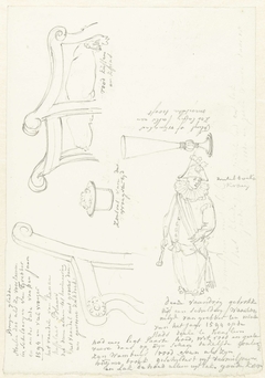 Vaandrig, delen van een stoel, een zoutvat en een glas by Pieter Bartholomeusz Barbiers
