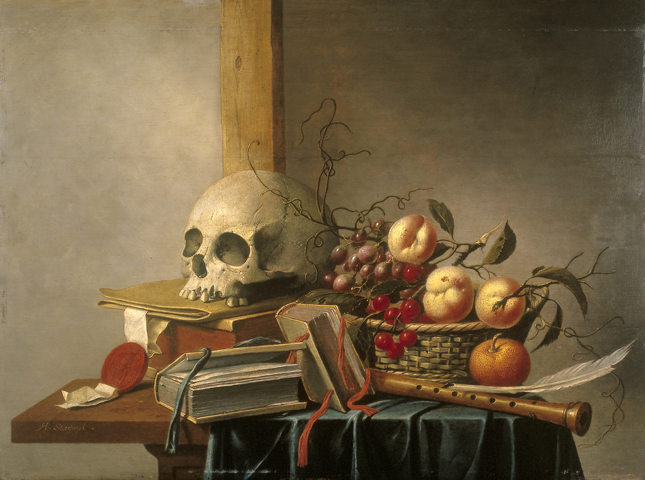 Vanitas stilleven met schedel, boeken en fruit