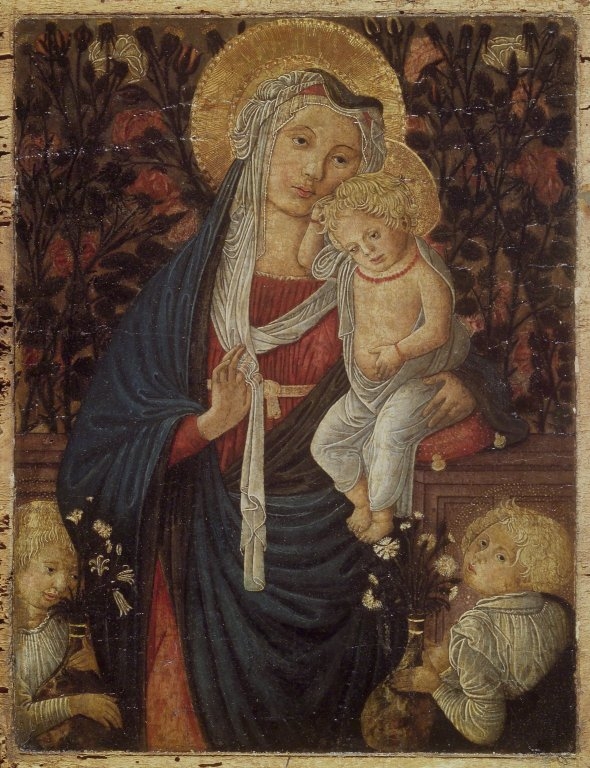 ''Virgin and Child with Two Angels Before a Rose Hedge''